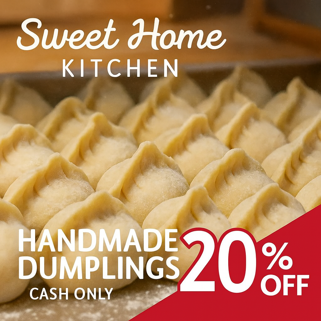 20% off cash discount on frozen handmade dumplings. 10% off cash discount on family meal takeout. Free rice with lunch. Delivery available.